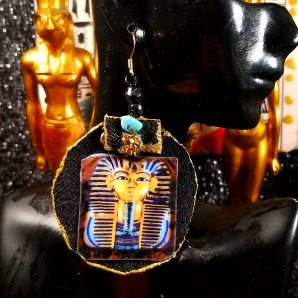 Black denim king tut earrings, king tutankhamun earrings, king tut jewelry, gift for her