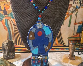 Denim Ankh Necklace: Egyptian Style Lucite Bead Choker