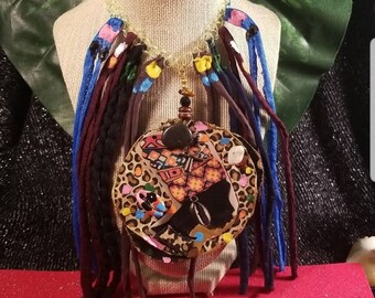 Boheminan style Paper  jewelry African Queen  artwork coated with resin/ epoxy water Resistant with Riverstone/rocks and black denim  choker