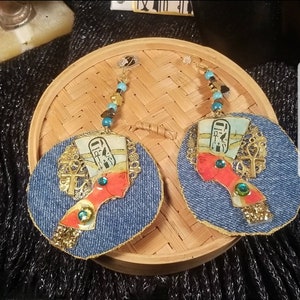 Queen nefertiti paper jewelry earrings denim fabric jewelry, gift for her