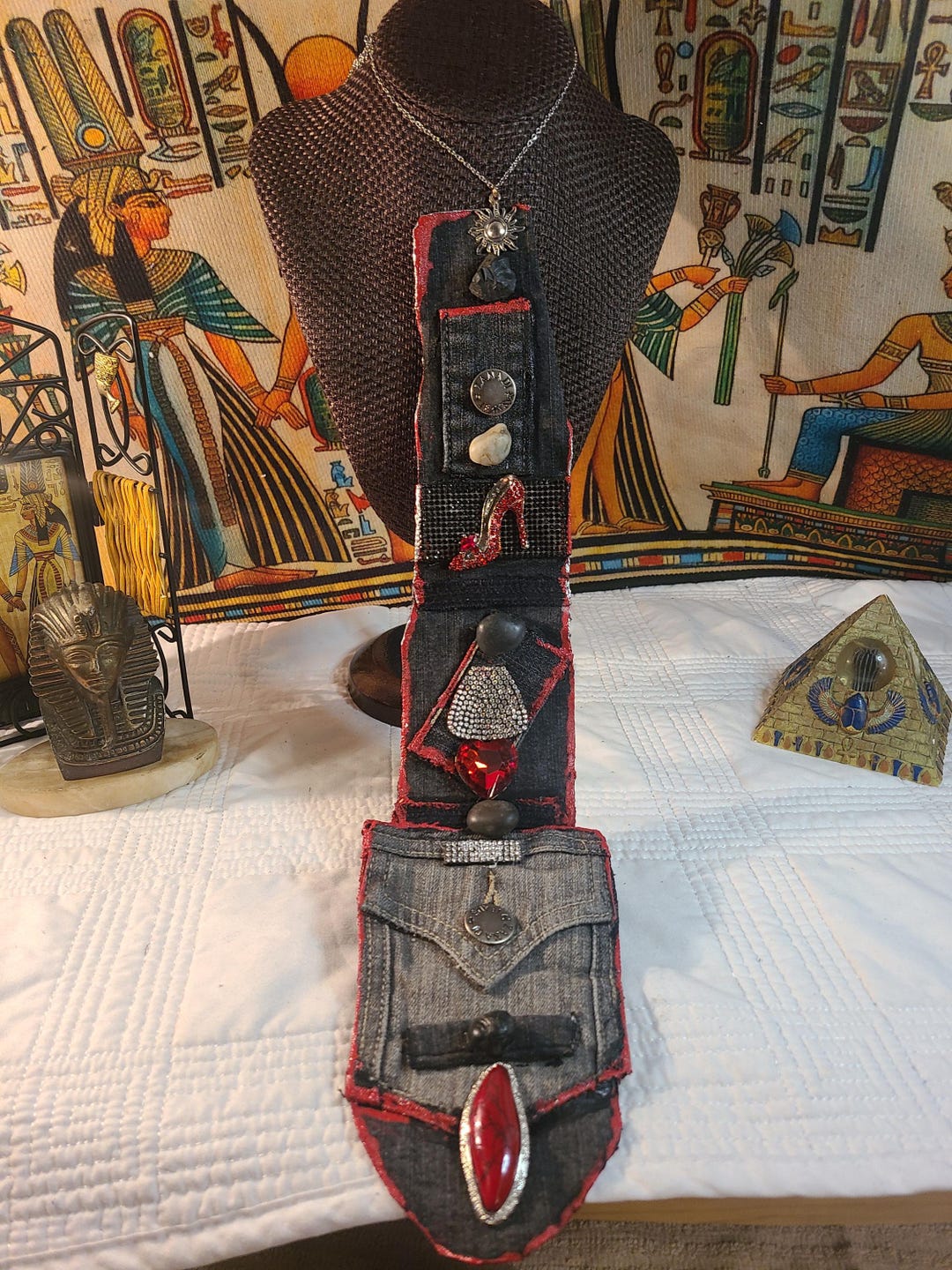 Upcycled Denim Statement Necklace: Rhinestone & Charm Junk  display picture 3