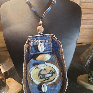 Sankofa Bird 18 inches black denim fabric  charm necklace,  sankofa jewelry,  sankofa Bird necklace,  African necklace