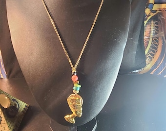 Antique Gold pewter charm  Ancient Egyptian Queen nefertiti charm necklace attached to stainless steel chain.