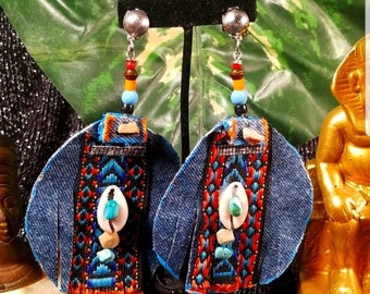 Clip on bohemian style southwestern design denim fabric earrings, non pierced earrings, gift for her
