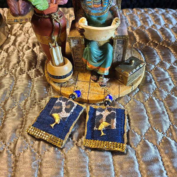 Queen Nefertiti 2 1/2  inches denim fabric Gold tone bling earrings, blue jeans earrings, blue jeans earrings, gift for her