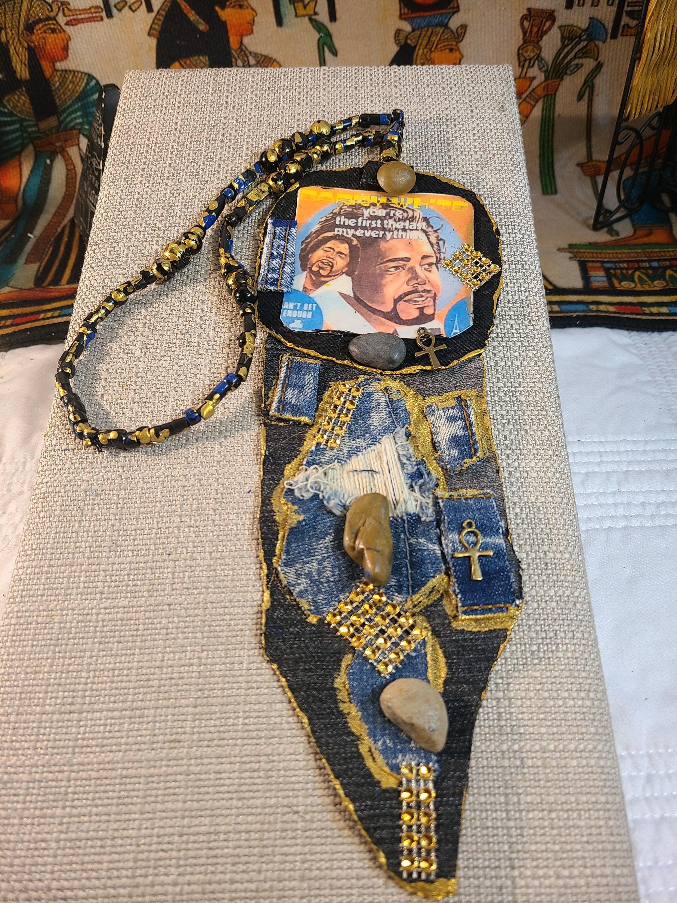 Upcycled legendary Barry White For Life junk Necktie denim fabric Necklace: Bohemian Denim Fabric Fringed necktie necklace