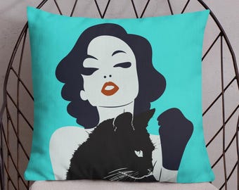 Mid-Century Modern Woman and Cat Pillow: Glam Retro Home Decor - Black Cat Throw Pillow | Cat Lover Gift | Vintage Decorative Accent Pillow