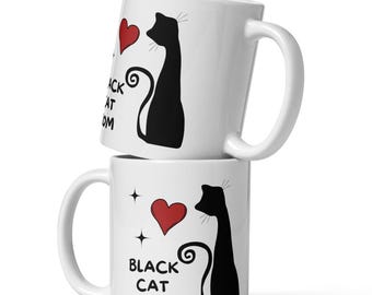 Cat Mom - White glossy Black Cat Coffee Mug | Funny Cat Mom Gift | Mid Century Modern Graphic Cup | Retro Art Ceramic Mug