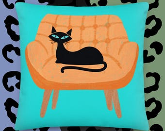 Black Cat Throw Pillow | Retro Mid Century Home Decor | Cat Lover Gift | Vintage Decorative Accent Pillow - Cat on Chair