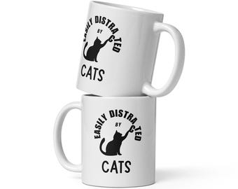 Black and White - Easily Distracted Black Cat Coffee Mug | Funny Cat Mom Gift | Mid Century Modern Graphic Cup | Retro Art Ceramic Glossy