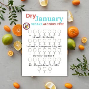 Könnte beinhalten: Ein druckbarer Trocken-Januar-Kalender mit 31 Weingläsern zum Ausmalen, eines für jeden Tag des Monats. Der Kalender ist in vier Wochen unterteilt, mit einer motivierenden Botschaft für jede Woche. Der Text lautet "Trocken-Januar 31 Tage Alkoholfrei".
