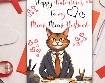 Tarjeta de San Valentín para tu esposo, tarjeta de San Valentín para tu esposo, tarjeta de San Valentín con un lindo gato, tarjeta de San Valentín imprimible para él.
