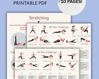 30 Day Full Body Workout Challenge, Fitness Planner Bundle, Home Exercise for Beginners, Strengthen Legs, Arms & Core, Digital Workout,