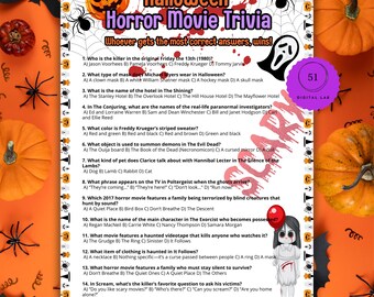 Horror Movie Trivia, Halloween Movie Trivia, Printable Halloween Trivia Quiz For Kid Teens Adult, Halloween Game Night, Halloween Party Game