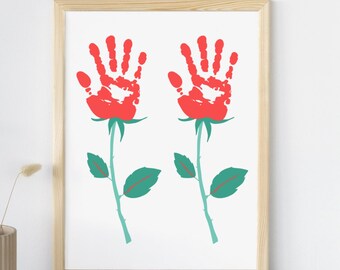 Impresión de mano con rosas para el Día de la Madre, Plantilla de impresión de mano con flores para el Día de la Madre, Arte de impresión de mano, Regalo para la abuela, Regalo del Día de la Madre, Regalo para los nietos