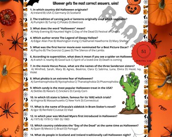 ハロウィントリビア、子供・ティーン・大人向けの印刷可能なハロウィントリビアクイズ、ハロウィンゲームナイト、ハロウィンパーティーゲーム、ハロウィンクイズ教室