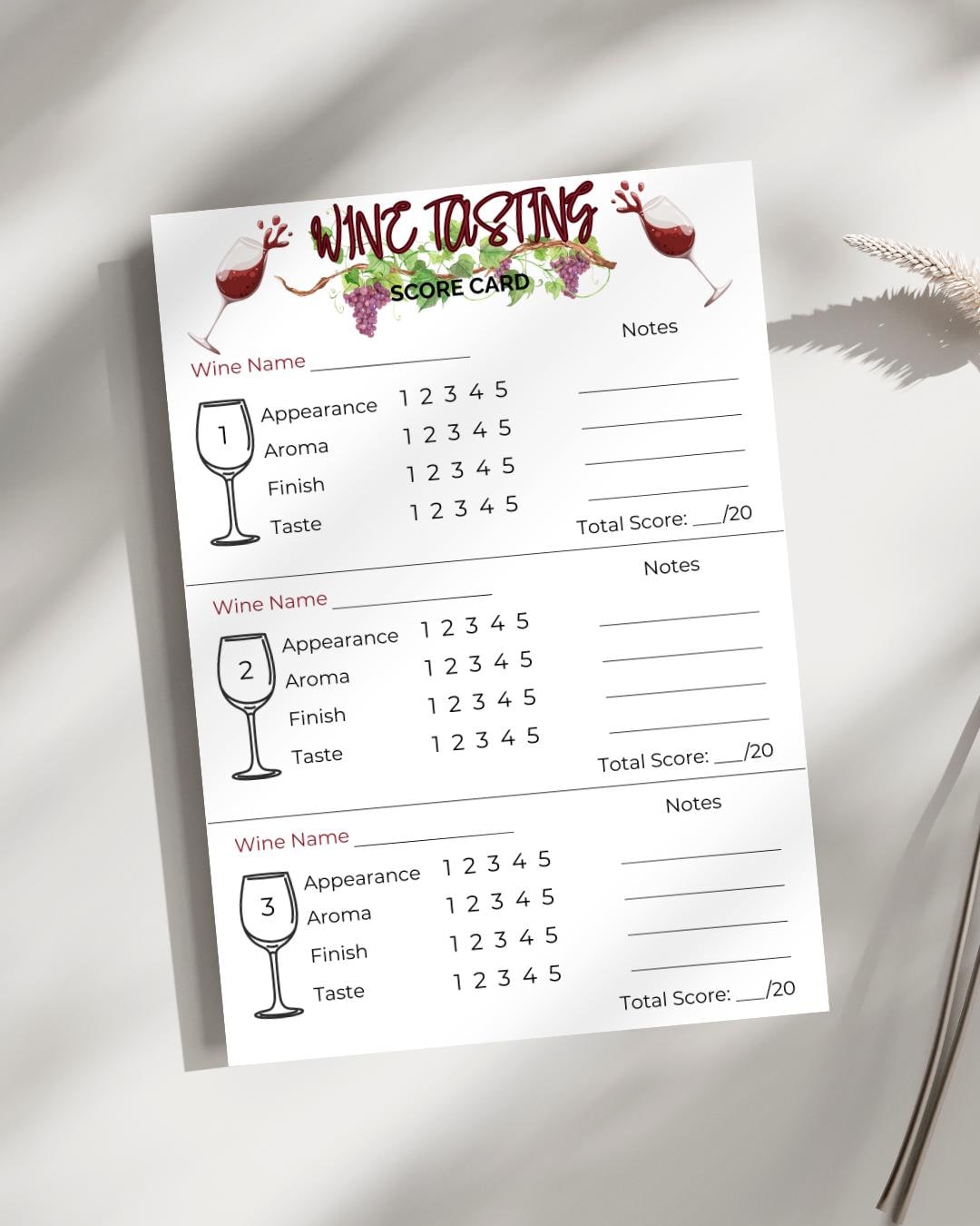 Wine Tasting Score Card, Wine Tasting Sheet, Printable Wine Tasting ...