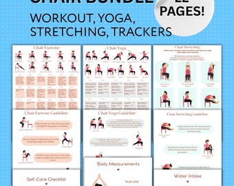Chair Yoga & Exercise Printable Bundle 22 PAGES, Seniors Workout, Stretching, Trackers