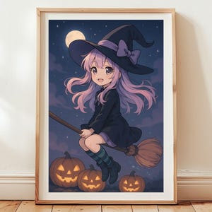 Magical Night Halloween Witch Anime Digital Art Cute Pastel Girl on Broom Flying with Pumpkins Spooky Wall Print Instant Download