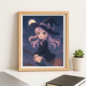 Cute Spooky Halloween Witch Anime Pastel Artwork with Pumpkins Digital Wall Art Kawaii Girl Flying on Broom Printable Home Decor