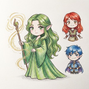 Può includere: Illustrazione di tre personaggi in stile chibi. La figura centrale è un elfo dai capelli verdi che tiene in mano un bastone con un globo luminoso. Altri due personaggi hanno i capelli rossi e blu. Lo stile artistico ricorda un tema fantasy.