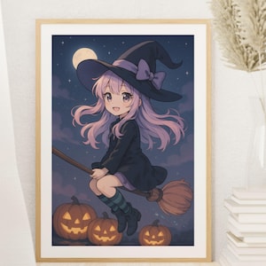 Kawaii Pastel Halloween Witch Anime Wall Art Cute Digital Girl on Broom Flying with Pumpkins Spooky Cute Printable Home Decor
