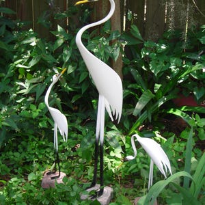 Egret Mother  and 2 Babies Bird - PVC 23" Tall