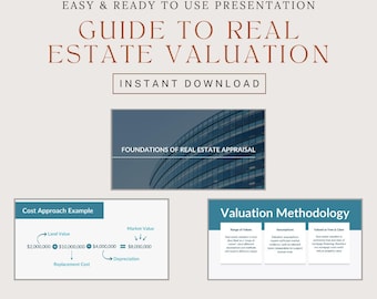 May include: A presentation slide with the title "Guide to Real Estate Valuation" and a subtitle "Instant Download". The slide features a cost approach example with a diagram showing land value, replacement cost, depreciation, and market value. The slide also includes a section on valuation methodology with headings for "Range of Values", "Assumptions", and "Valued as Free & Clear".