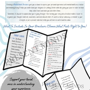 Può includere: Un modello di opuscolo informativo bianco intitolato Inside Out My Mental Health Brochure con testo nero che delinea le sezioni per una copertina, pannelli interni e retro per aiutare a organizzare pensieri ed esperienze sulla salute mentale.