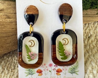 Dried Pressed Flower Fern Wood Dangle Earrings