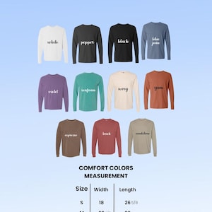 May include: A display of long-sleeve t-shirts in various colors, including white, black, and blue jean. The image also shows a size chart with measurements in inches for width and length.