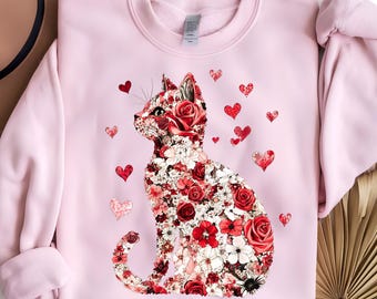 Floral Cat Valentines Sweatshirt, Cat Lover Valentines Gift, Womens Valentines Sweatshirt, Teachers Valentines, Cat Mom Valentine Gift