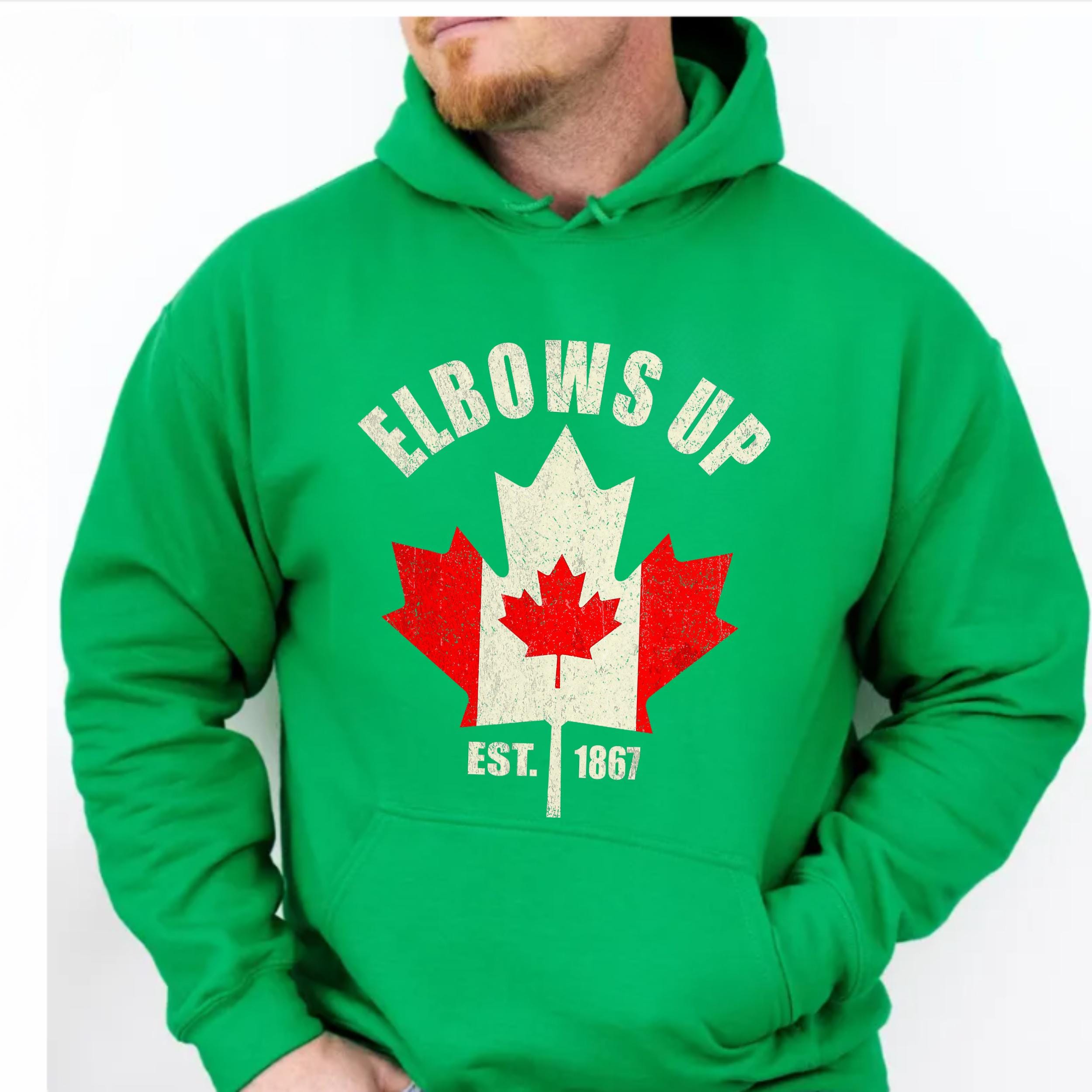 "Elbows Up Canada Est 1867" Hoodie - Proud Canadian Pullover Hoodie, Unisex, Sizes XS To 4XL
