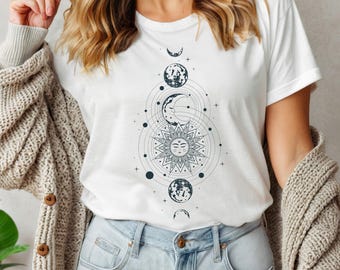 Mystic Moon and Sun T-Shirt: Boho Celestial Design