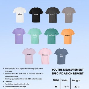May include: A display of youth t-shirts in various colors, including white, black, grey, violet, and blue jean. The image includes a measurement specification report with sizes and dimensions in inches.