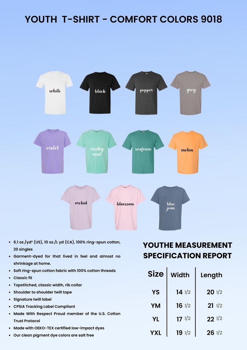 May include: A display of youth t-shirts in various colors, including white, black, grey, violet, and blue jean. The image includes a measurement specification report with sizes and dimensions in inches.
