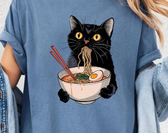 Noodle Cat T-Shirt, Ramen Black Cat Tee, Foodie Sweatshirt