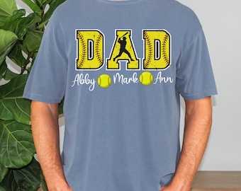 Custom Softball Dad Shirt: Comfort Colors Tee with Kids' Names