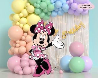 May include: A colorful birthday party scene featuring a Minnie Mouse graphic in a pink polka-dot dress and bow. The background includes a rainbow balloon arch, a "Happy Birthday" banner, and pastel-colored balloons. Digital Download.