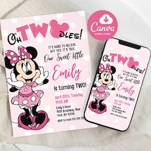 Editable Oh TWOdles Birthday Invitation Digital 2nd Birthday Cute Mouse Second Birthday Invite Oh Twodles Invitation Boho Minnie Invite