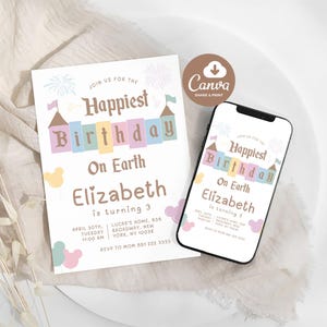 Happiest Birthday On Earth Invitation - Magical Disneyland Theme - Editable Template - Digital Download - Party Fun