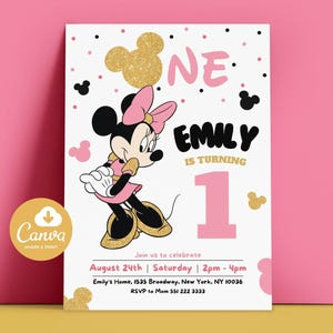 Editable Minnie Mouse Birthday Invitation, Minnie Mouse Birthday 1st Birthday Pink Birthday Invite, Girls Minnie Invitations 0088