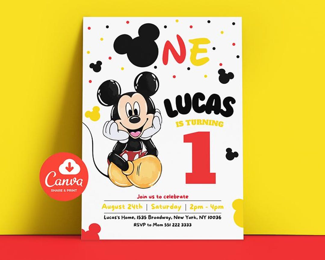 Editable Mickey Mouse 1st Birthday Invitation: Printable Canva Template ...