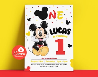 Editable Mickey Mouse 1st Birthday Invitation: Printable Canva Template (Digital Download)
