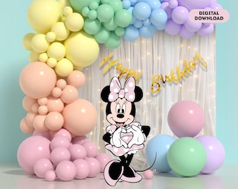 May include: A colorful birthday party scene with a Minnie Mouse graphic. Pastel-colored balloons in yellow, green, blue, and pink form an arch. A gold "Happy Birthday" banner hangs in the background. The words "Digital Download" are in the upper right corner.