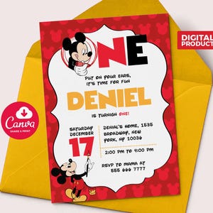 Mickey Mouse Birthday Invitation: Editable Canva Template (Digital Download 5x7&quot; )