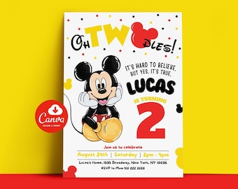 May include: A birthday invitation featuring Mickey Mouse. The invitation is white with red, yellow, and black accents. The text reads "Oh Two Dles! It's hard to believe, but yes, it's true. Lucas is turning 2. Join us to celebrate August 24th | Saturday | 2pm-4pm Lucas's Home, 1535 Broadway, New York, NY 10036 RSVP to Mom 551 222 3333"
