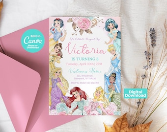 Invitación de cumpleaños de princesa en acuarela: Pastel dorado, Canva editable (descarga digital)