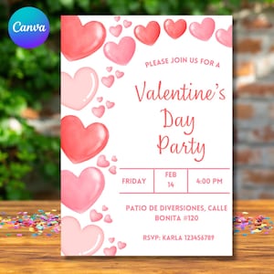 Invitación para el día de San Valentín, Invitación de Fiesta para San Valentín, Dia de Chicas para San Valentín, Tarjeta de Corazones Rosas