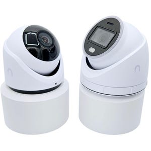 May include: Two white security cameras with black lenses, one with a black screen display, on white bases.